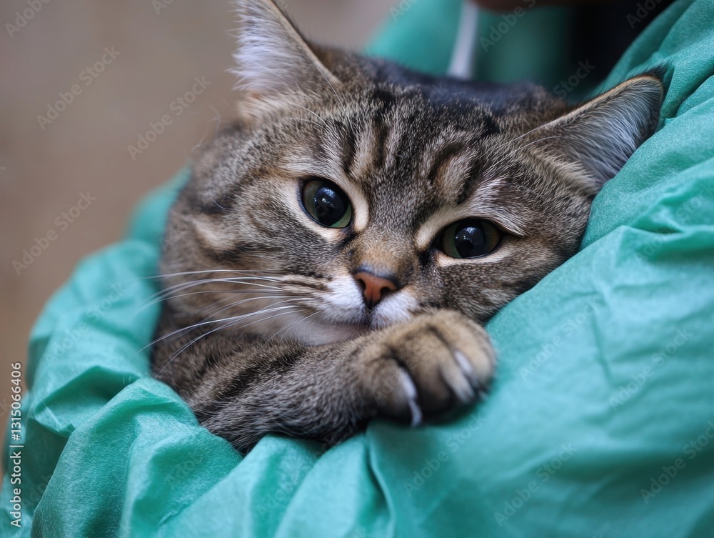 Poster adorable tabby cat nestled in soft green fabric with captivating eyes and sweet expression creating 