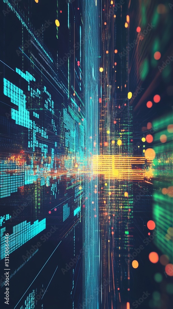 Poster futuristic digital network with vibrant code and data streaming light patterns