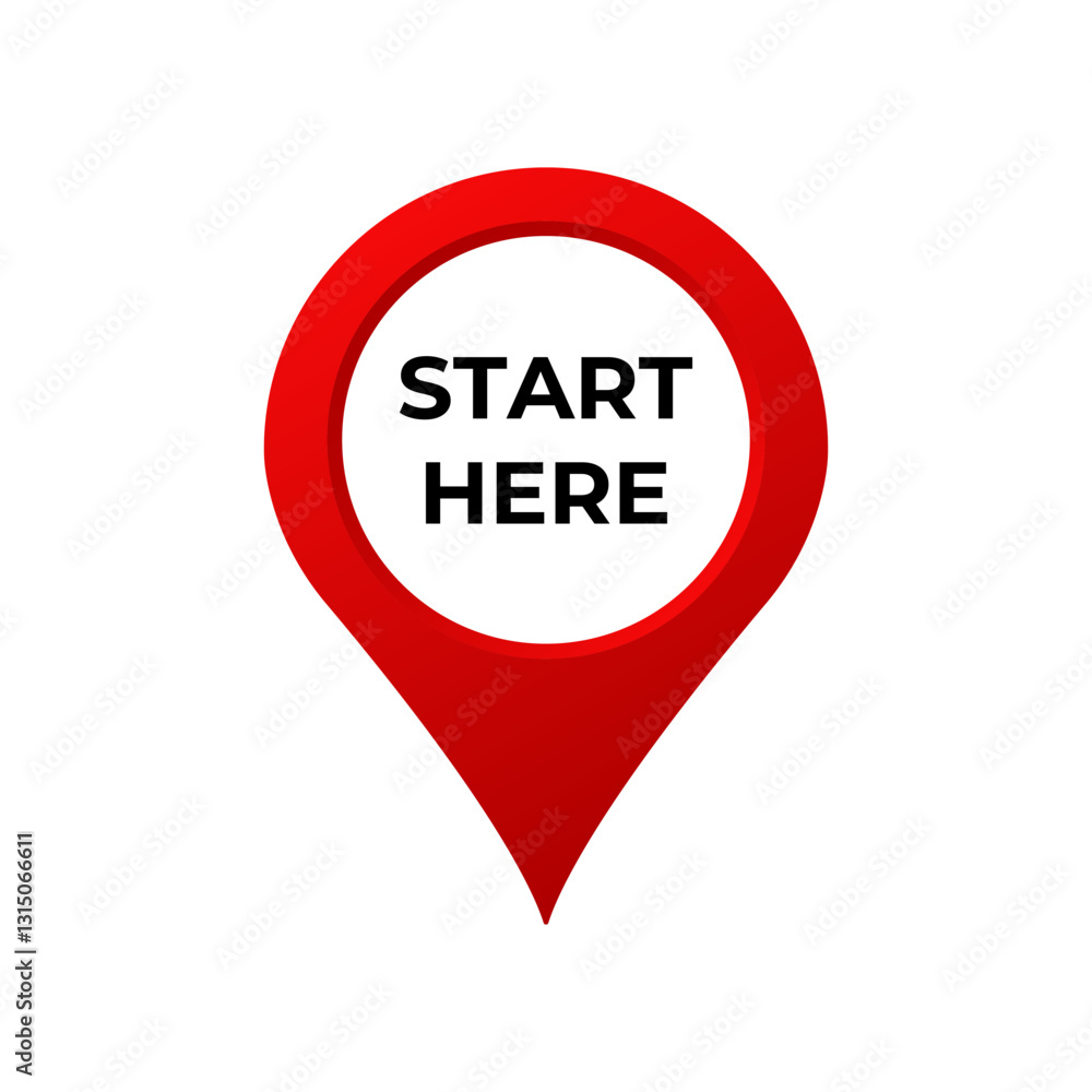Poster simple red location marker icon with bold black text start here on a white circular center.