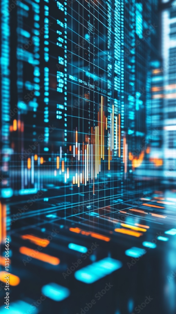 Poster a dynamic and futuristic representation of data flow, featuring vibrant graphs and financial informa