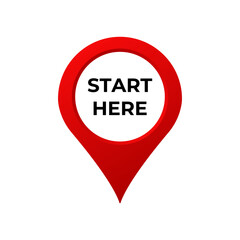 Simple red location marker icon with bold black text start here on a white circular center.