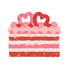 Hand drawn coquette vintage cake with roses and hearts. Cute girly illustration on a white isolated background. Perfect for Valentine s day, wedding invitation, birthday card.