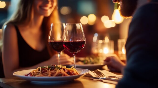 Soft light surrounds a couple sharing laughter and good food over a table adorned with wine glasses and freshly served pasta. A moment of warmth and connection fills the air