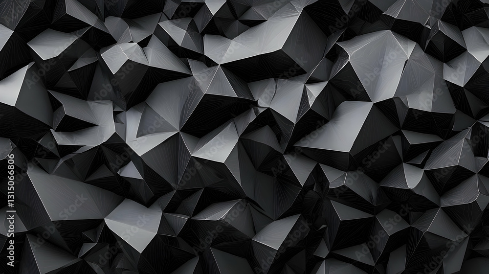 Poster dark abstract geometric background with 3d triangular facets and a low poly design in shades of blac
