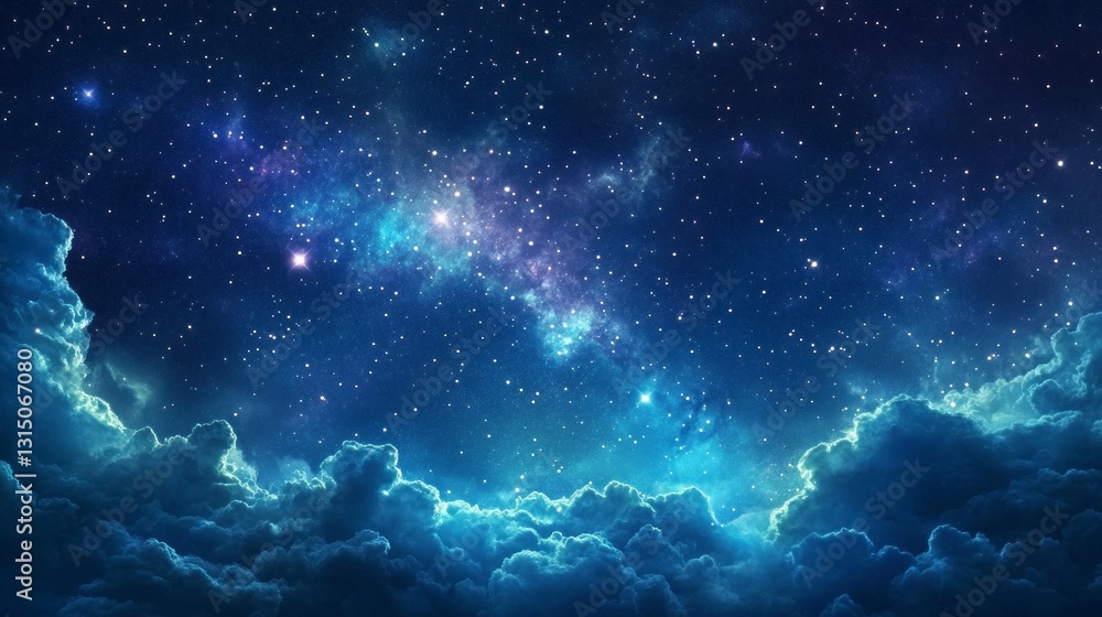 Poster a stunning display of the cosmos unfolds as stars twinkle brilliantly against a deep blue sky. wisps