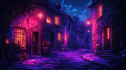 A dimly lit old street at night, with vintage lanterns casting a warm glow on cobblestone pavement, surrounded by historic buildings with aged facades and mist in the distance.