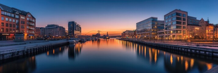 Fototapeta premium Evening Horizon: Panoramic View of Malmo Skyline Reflected in Serene Canal Waters, Sweden