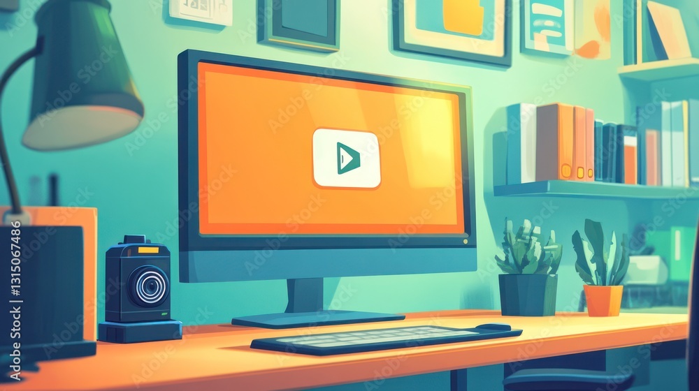 Poster cozy home office with computer showing play button.