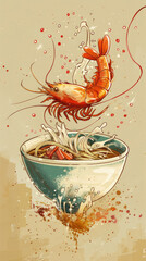 Vibrant Illustration of Shrimp Jumping into a Bowl of Noodles with Splashing Broth and Dynamic Colors