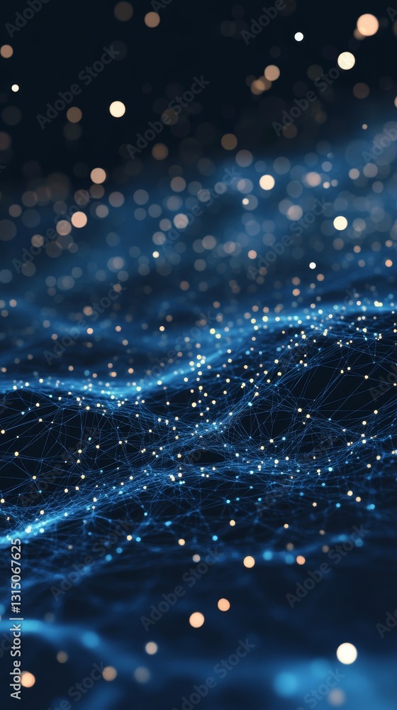 Poster this abstract image features a mesmerizing blue wave of glowing light particles across a dark backgr