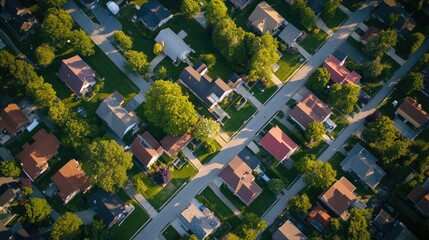 Bird's Eye Perspective of a Vibrant American Suburb in Summer: Scenic Neighborhood with Residential Houses and Colorful Architecture