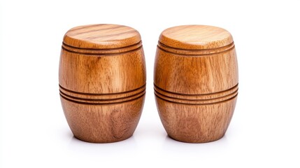 Fototapeta premium Two Small Brown Wooden Barrels on White Background