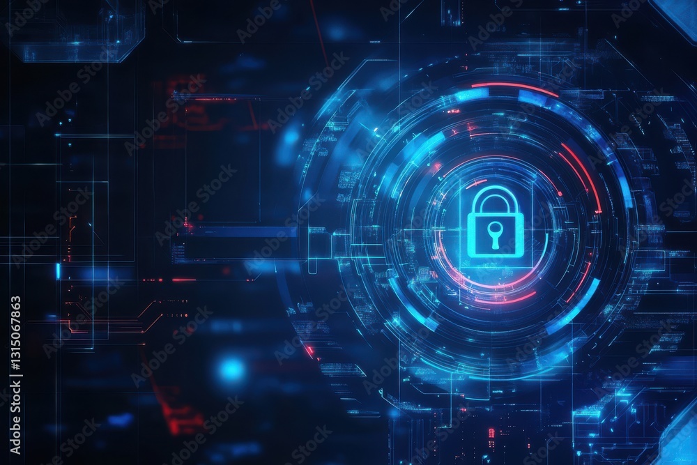 Poster a glowing blue padlock icon surrounded by circular patterns on a dark futuristic background image de