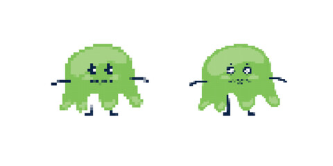 Two adorable green aliens with small black legs. each has expressive faces, adding charm.
