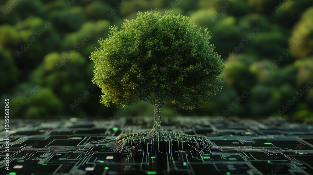 Poster a stunning visual of a tree emerging from a circuit board, representing the fusion of nature and tec