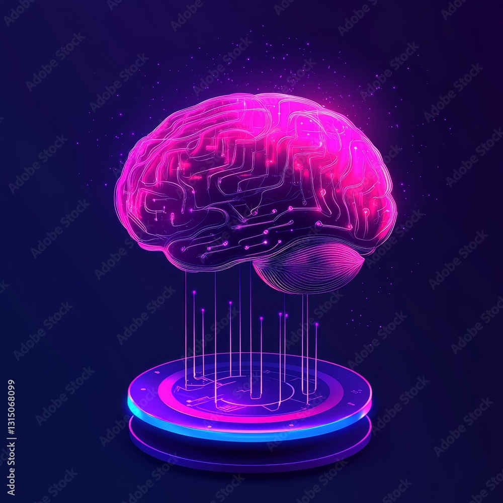 Poster a stunning neon brain illustration showcasing intricate circuit patterns that represent modern techn