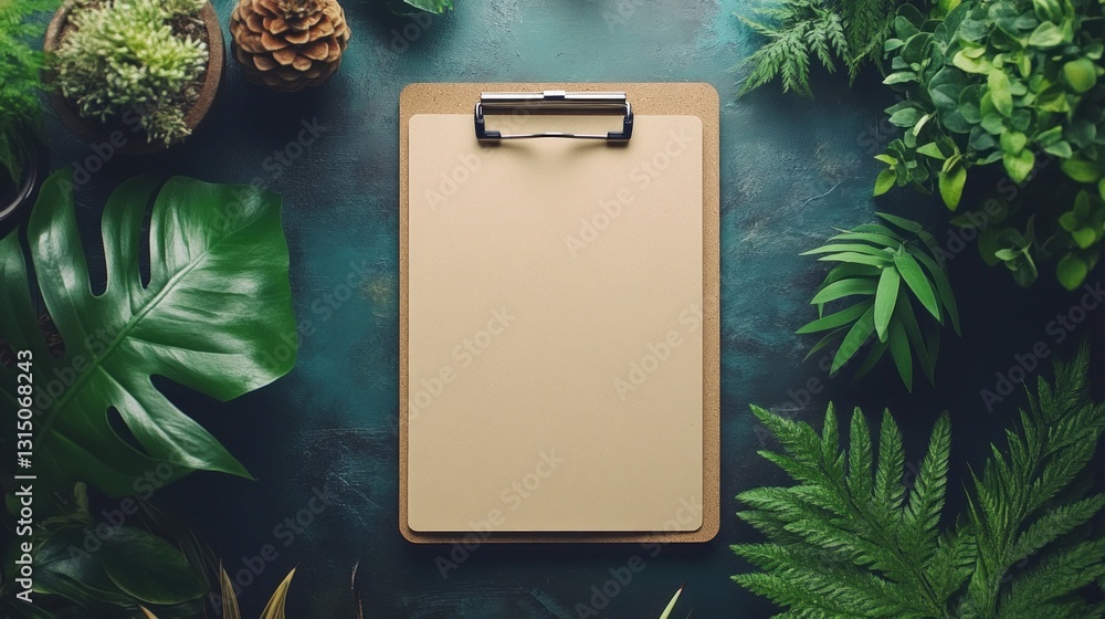 Poster a blank clipboard rests on a vibrant green tabletop amidst an array of lush plants. the calming atmo