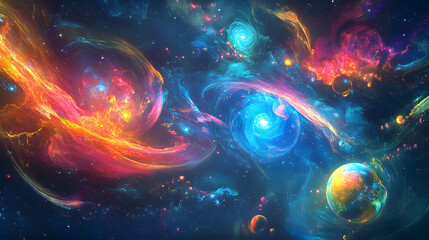 A futuristic AI designing holographic galaxies with swirling neon lights, digital landscapes, and intricate details in a sci-fi world.