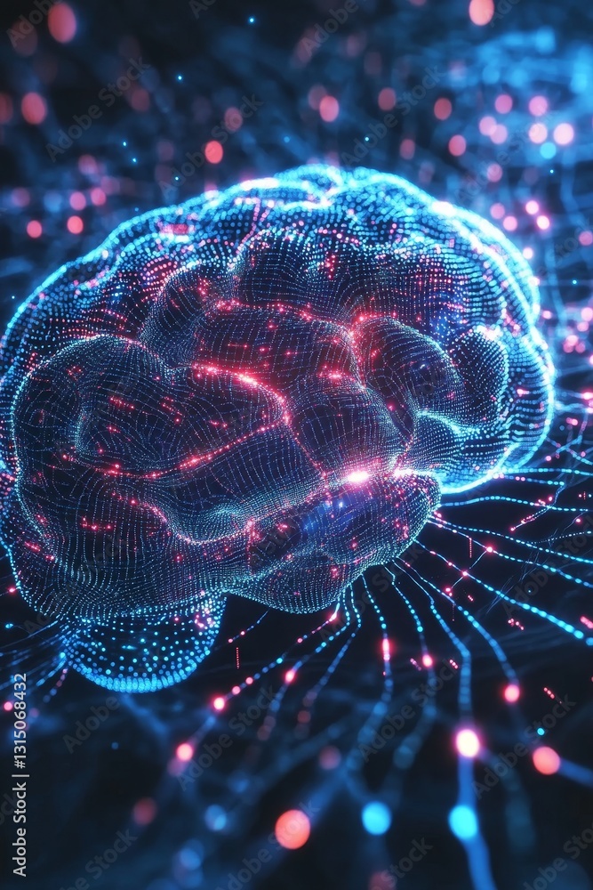 Aufkleber a brain with red and blue lights surrounding it. the brain is surrounded by a web of lines and dots,