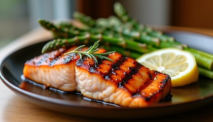 Grilled salmon with asparagus and lemon on a plate.