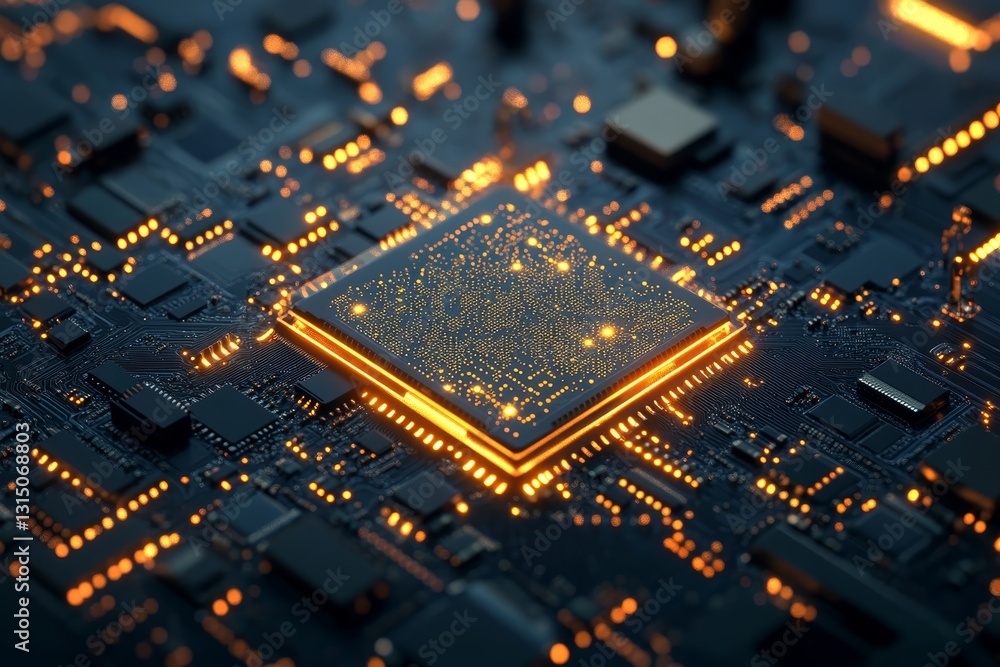 Poster this stunning image showcases a brilliantly lit microchip against a dark circuit board, highlighting