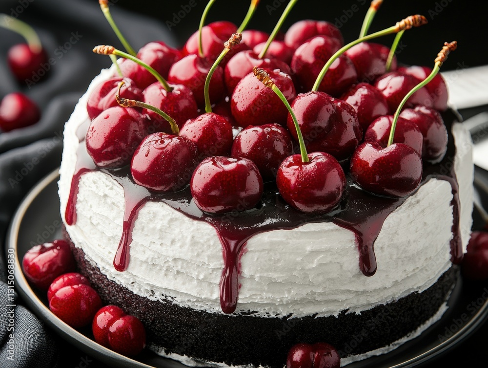 Poster exquisite big cake topped generously with lush red cherries on a creamy frosting layer perfect for c