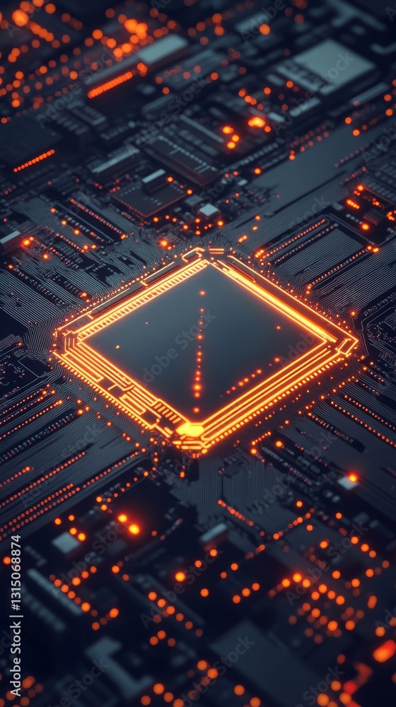 Poster a close up of a computer chip with a yellow glow