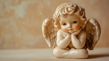 Fototapeta premium Timeless Angel Sculpture Nestled Against a Soft Beige Canvas