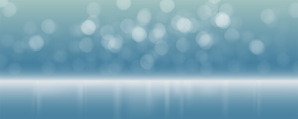 Light blue studio with circle bokeh background. Ice room with reflection floor with fog in winter or Christmas style. Art & Illustration