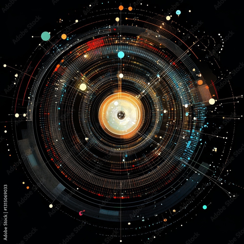 Poster a colorful, abstract image of a circle with many dots and lines. the circle is surrounded by a black
