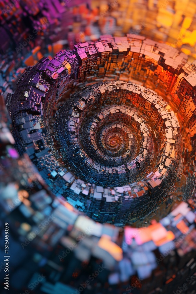 Poster explore a mesmerizing spiral of vibrant circuits in this abstract visualization, blending technology