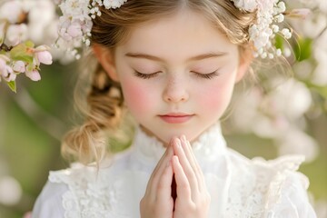 Naklejka premium Young girl with clasped hands, Caucasian child expressing serenity in a floral garden, soft colors create a peaceful atmosphere.