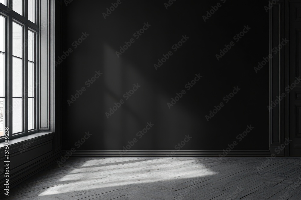 Poster a stark room with light streaming through a window creating a dramatic contrast of light and shadow 