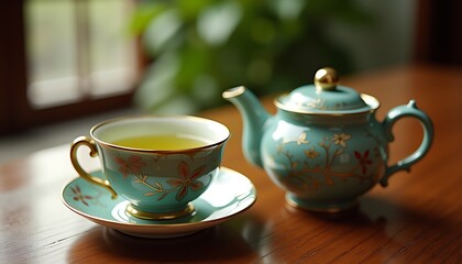 Fototapeta premium Elegant tea set with green tea on wooden table.