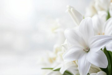 Elegant white flowers in soft focus, delicate petals against a light background, perfect for serene messages or decor.