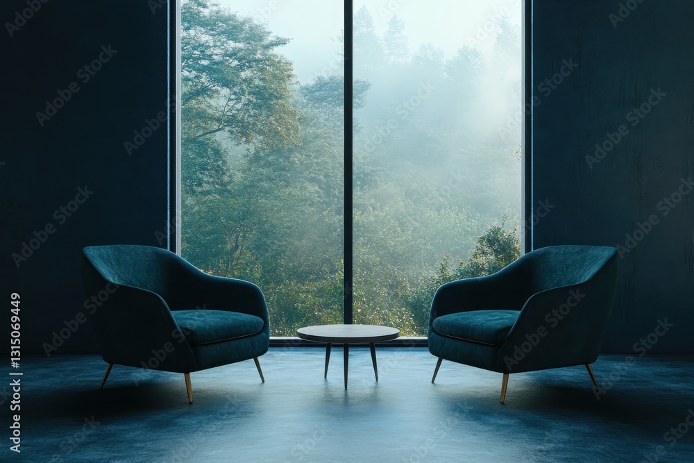 Poster a view through a large window with two chairs and a small table facing the misty forest outside the 