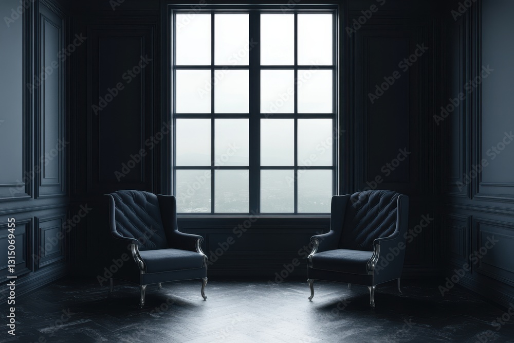 Poster a dimly lit room featuring two chairs positioned in front of a bright window with a grid pattern des