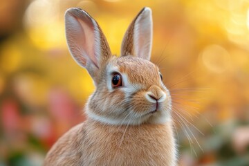 Obraz premium Close up of a cute bunny face against blurry autumn background in natural light