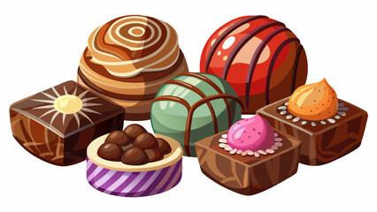 3d realistic vector chocolate candies with different toppings, isolated on white background. Dark, milk and white chocolate sweets, praline or truffle