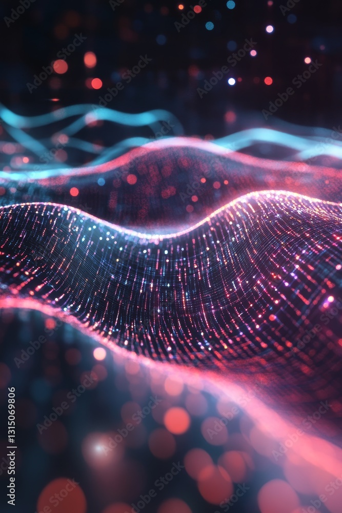 Poster Captivating abstract image depicting digital waves in vibrant colors, enhanced by shimmering light particles, creating a futuristic and serene atmosphere.