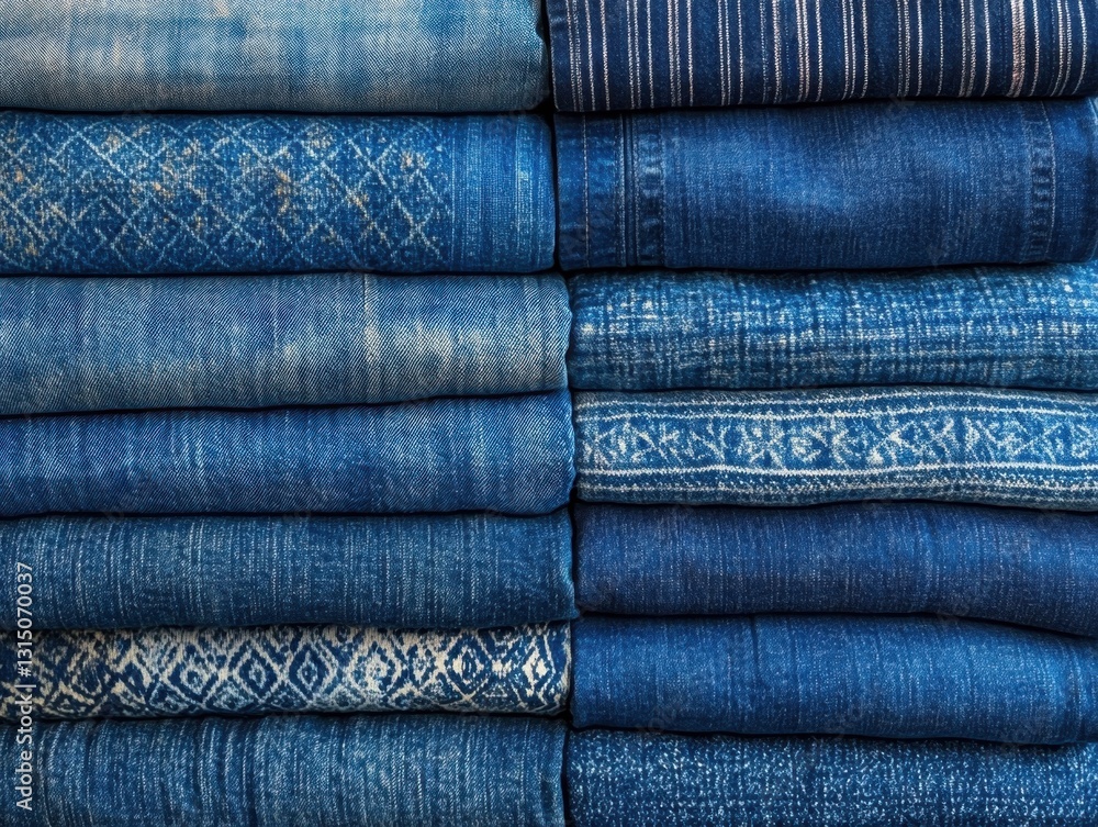Poster stacked indigo dyed textile collection showcasing traditional patterns and textures in a close up sh