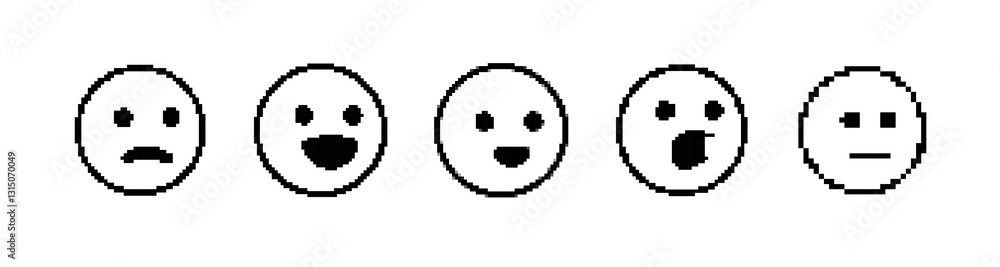 Poster five pixel faces show a range of emotions. minimal monochrome design with simple expressions.