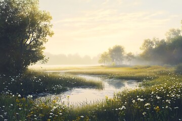 Fototapeta premium Serene landscape with a river, lush greenery, and wildflowers under soft morning light.