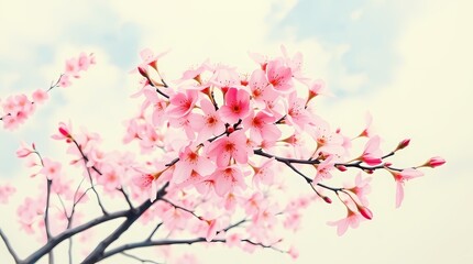 Obraz premium Sakura in the Sky: Captivating image showcases a close-up of delicate cherry blossom branches blooming with vibrant pink flowers, against a softly clouded sky.