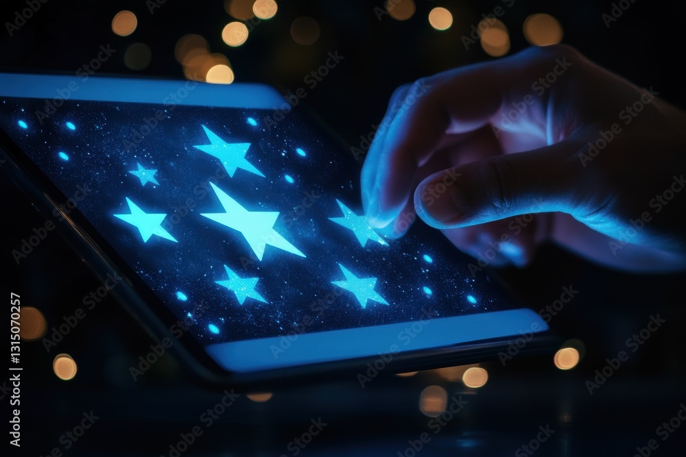 Poster a hand interacting with a glowing tablet displaying stars against a blurred bokeh background at nigh