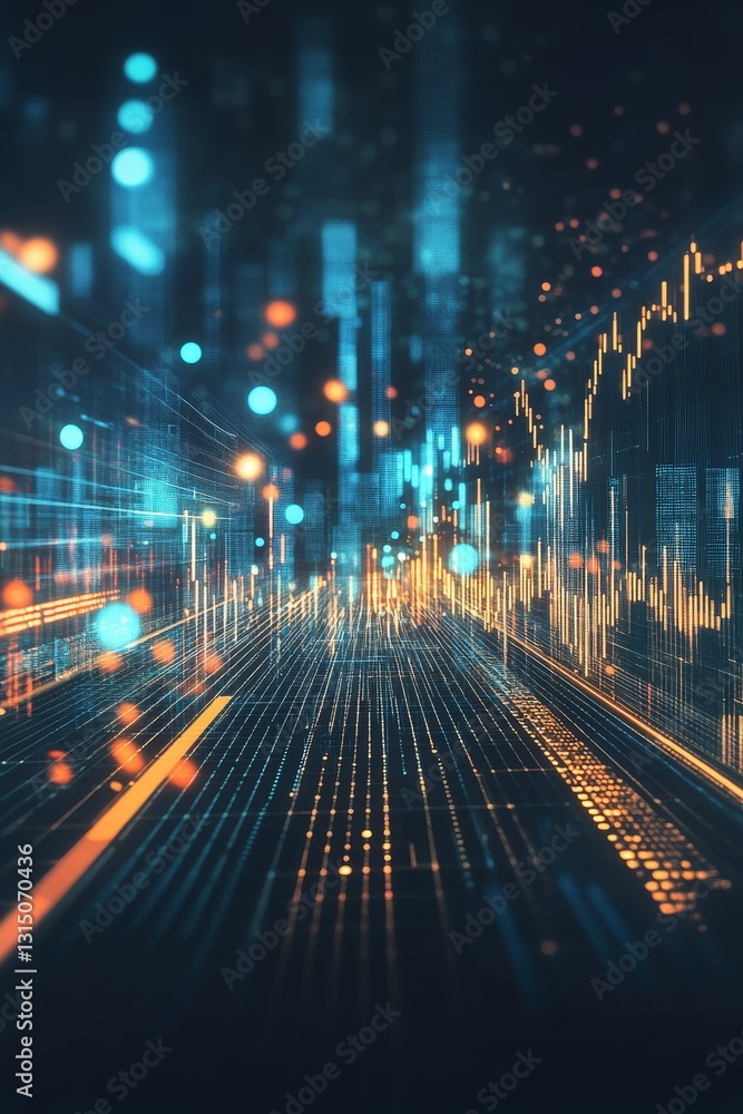 Poster a vibrant abstract data visualization featuring glowing lights and graph lines, symbolizing technolo