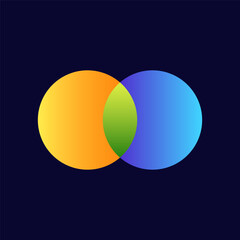 Two vibrant circles overlap, creating a central green area. colors blend harmoniously from yellow to blue.