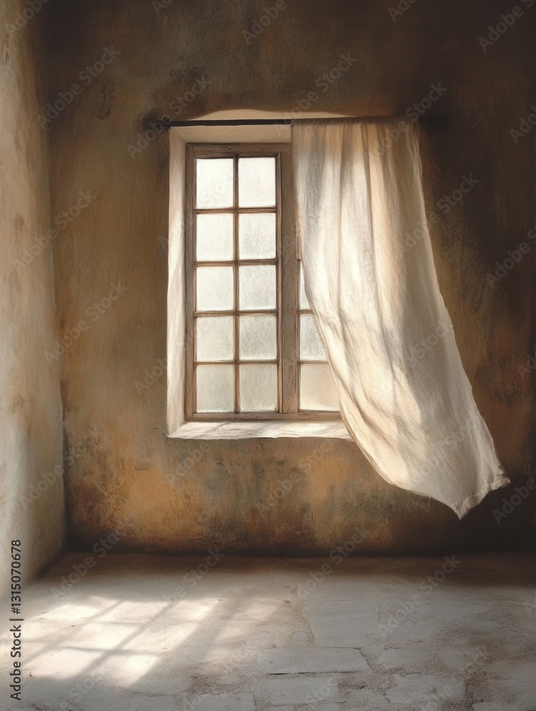 Aufkleber serene interior scene with natural light streaming through a window with flowing curtain casting sha