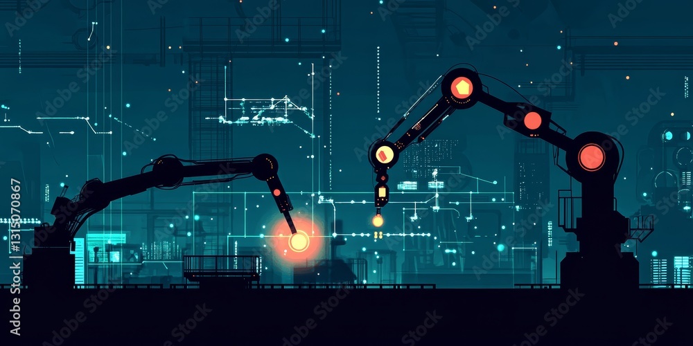Poster two futuristic industrial robots operate in a dimly lit factory environment, showcasing advanced aut