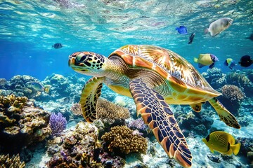 Fototapeta premium Hawksbill Sea Turtle Swimming Amidst Vibrant Coral Reefs in the Maldives, Showcasing Tropical Aquatic Life